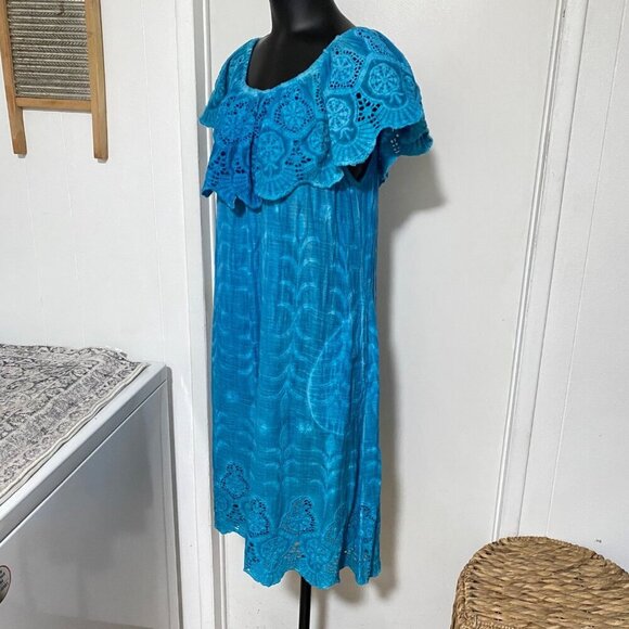 Soft Surroundings Off-Shoulder Eyelet Lace Dress with Ruffle Detail in Turquoise - Picture 3 of 5